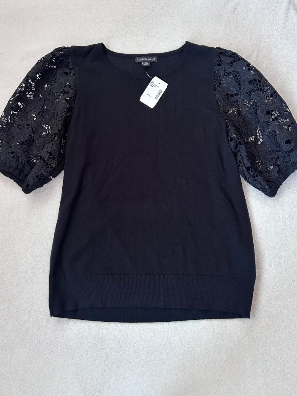 Saks Fifth Avenue Lace Sleeve Knit Top – Women's Large | NWT | Black 🖤